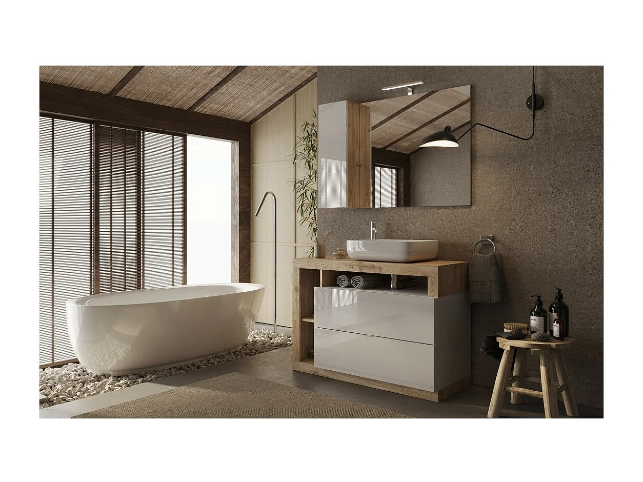 Meuble de salle de bain avec une vasque et 2 tiroirs,  collection BURA. Coloris blanc brillant et chêne clair