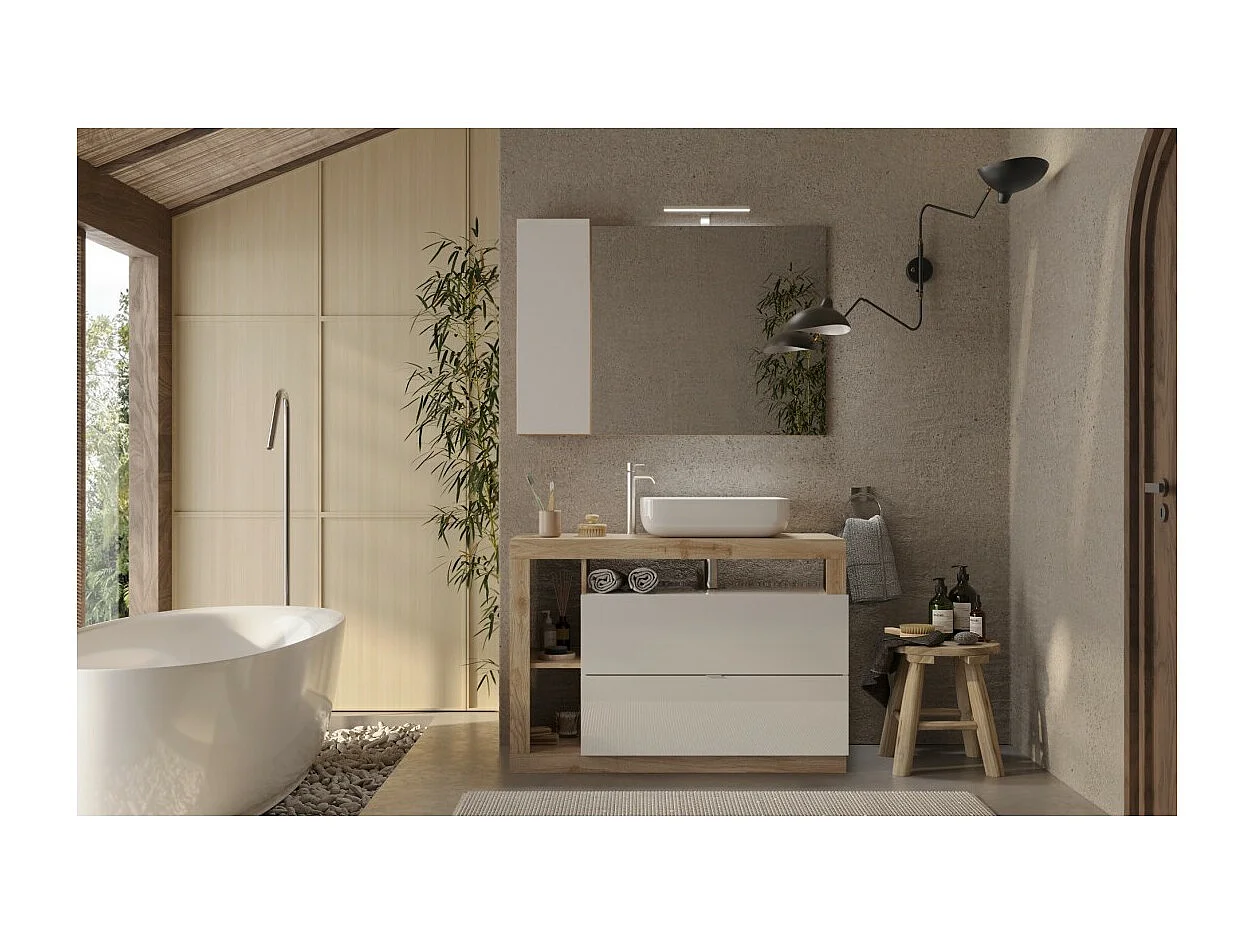 Meuble de salle de bain avec une vasque et 2 tiroirs,  collection BURA. Coloris blanc brillant et chêne clair