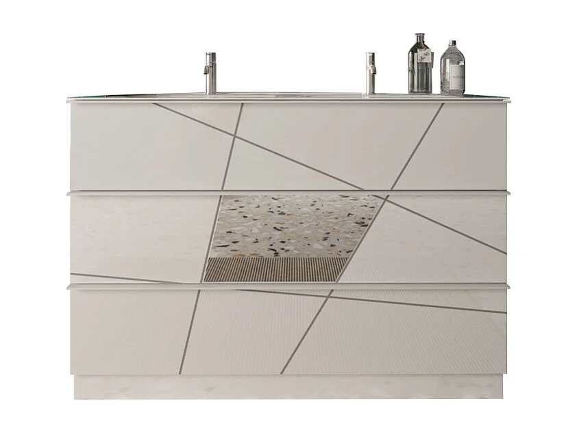 Meuble de salle de bain avec deux vasques et 3 tiroirs, collection VITARIO. Coloris blanc brillant