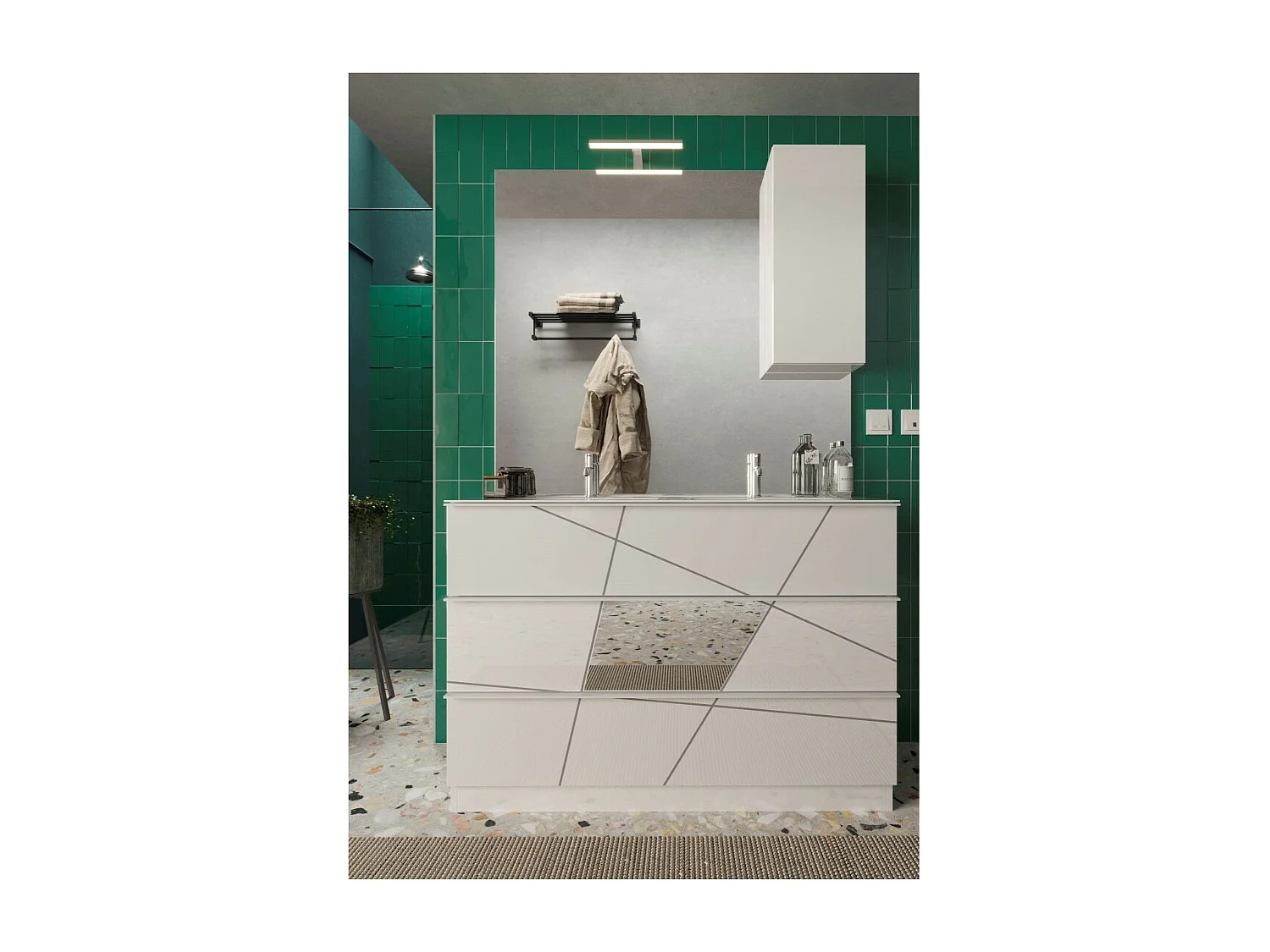 Meuble de salle de bain avec deux vasques et 3 tiroirs, collection VITARIO. Coloris blanc brillant