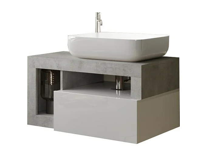 Mueble de baño suspendido con lavabo y 1 cajón, longitud 79cm, colección BURA, colores blanco brillante y concreto