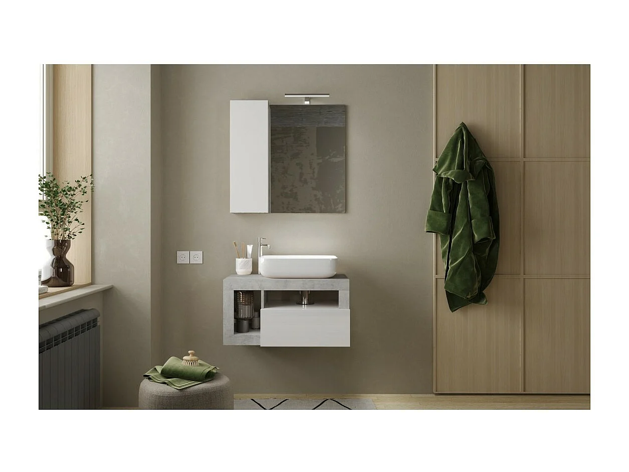 Meuble de salle de bain suspendu avec vasque et 1 tiroir, longueur 79cm, collection BURA, coloris blanc brillant et béton