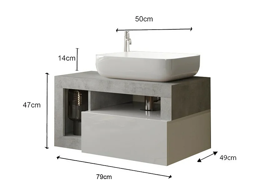Meuble de salle de bain suspendu avec vasque et 1 tiroir, longueur 79cm, collection BURA, coloris blanc brillant et béton