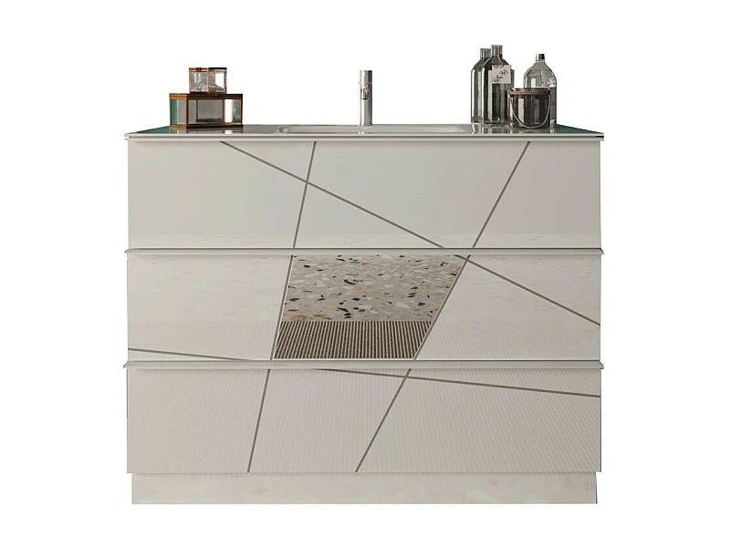 Meuble de salle de bain avec une vasque et 3 tiroirs, collection VITARIO. Coloris blanc brillant