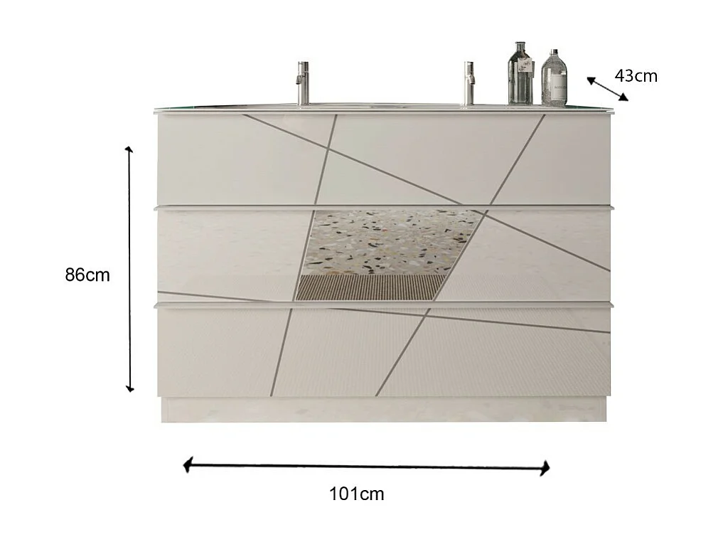 Meuble de salle de bain avec une vasque et 3 tiroirs, collection VITARIO. Coloris blanc brillant