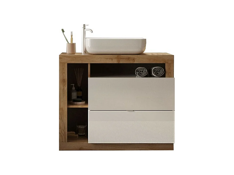Mueble de baño con un lavabo y 2 cajones, longitud 92 cm, colección BURA. Color blanco brillante y roble claro.