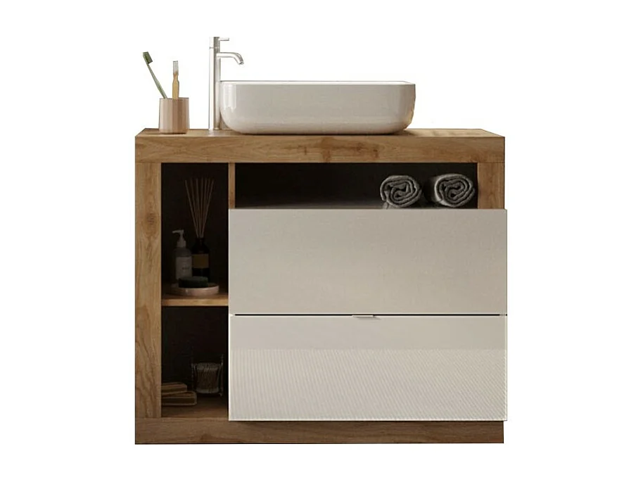 Meuble de salle de bain avec une vasque et 2 tiroirs, longueur 92cm, collection BURA. Coloris blanc brillant et chêne clair