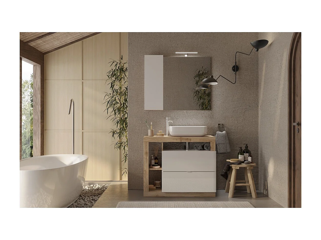 Meuble de salle de bain avec une vasque et 2 tiroirs, longueur 92cm, collection BURA. Coloris blanc brillant et chêne clair