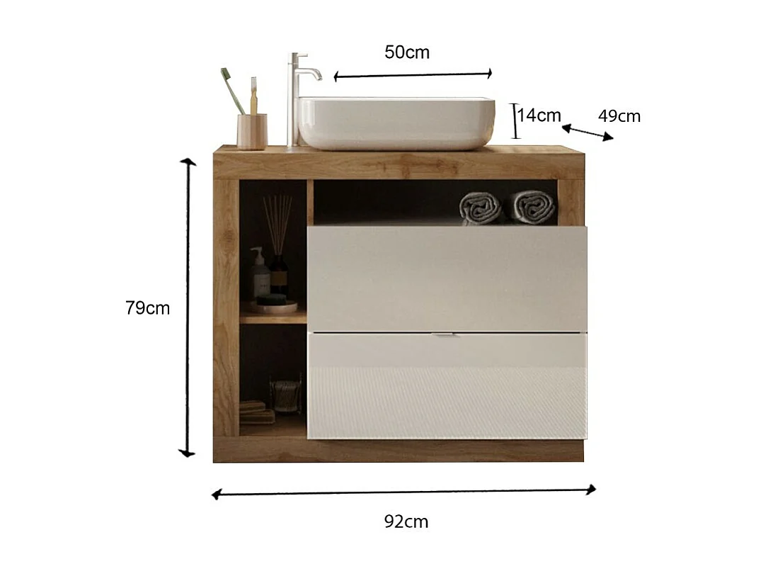 Meuble de salle de bain avec une vasque et 2 tiroirs, longueur 92cm, collection BURA. Coloris blanc brillant et chêne clair