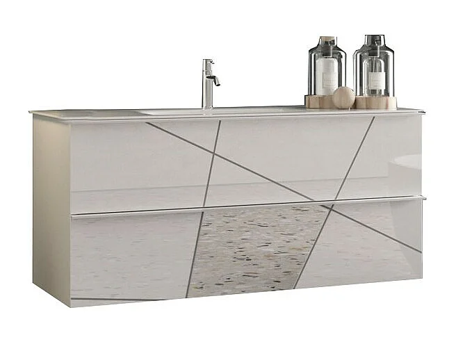 Meuble de salle de bain suspendu avec 1 vasque et 2 tiroirs, collection VITARIO. Coloris blanc brillant