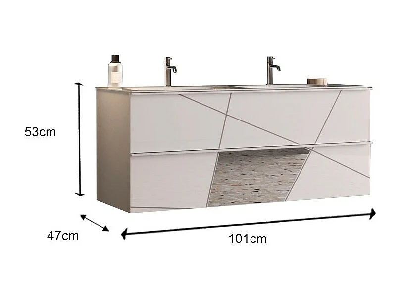 Meuble de salle de bain suspendu avec 1 vasque et 2 tiroirs, collection VITARIO. Coloris blanc brillant