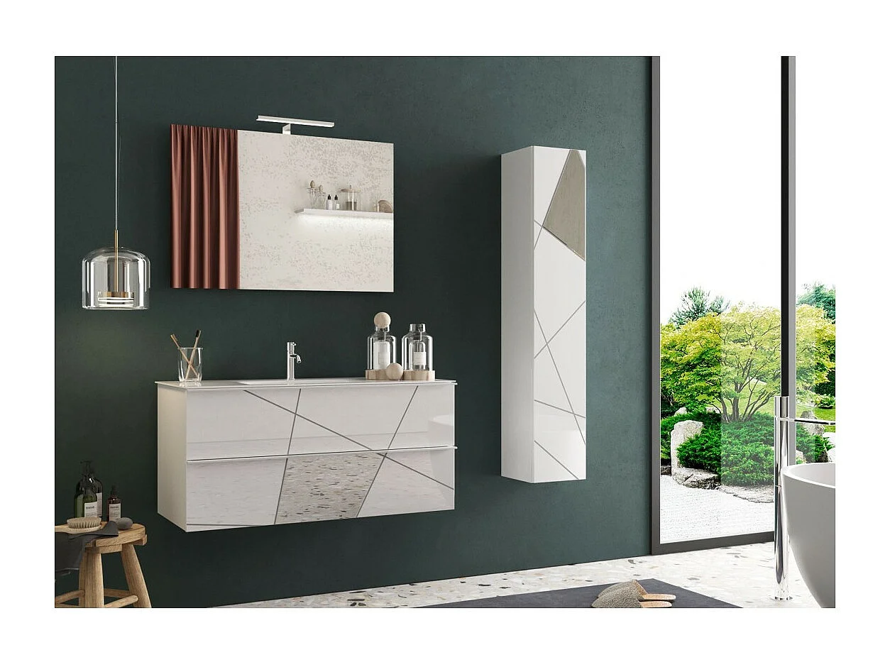 Meuble de salle de bain suspendu avec 1 vasque et 2 tiroirs, collection VITARIO. Coloris blanc brillant