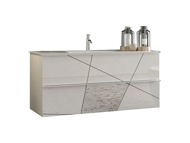 Meuble de salle de bain suspendu avec 1 vasque et 2 tiroirs, collection VITARIO. Coloris blanc brillant