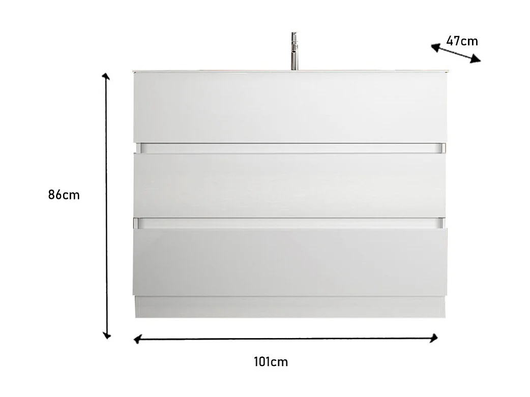 Meuble de salle de bain avec 1 vasque et 3 tiroirs, collection VIENNE. Coloris blanc brillant
