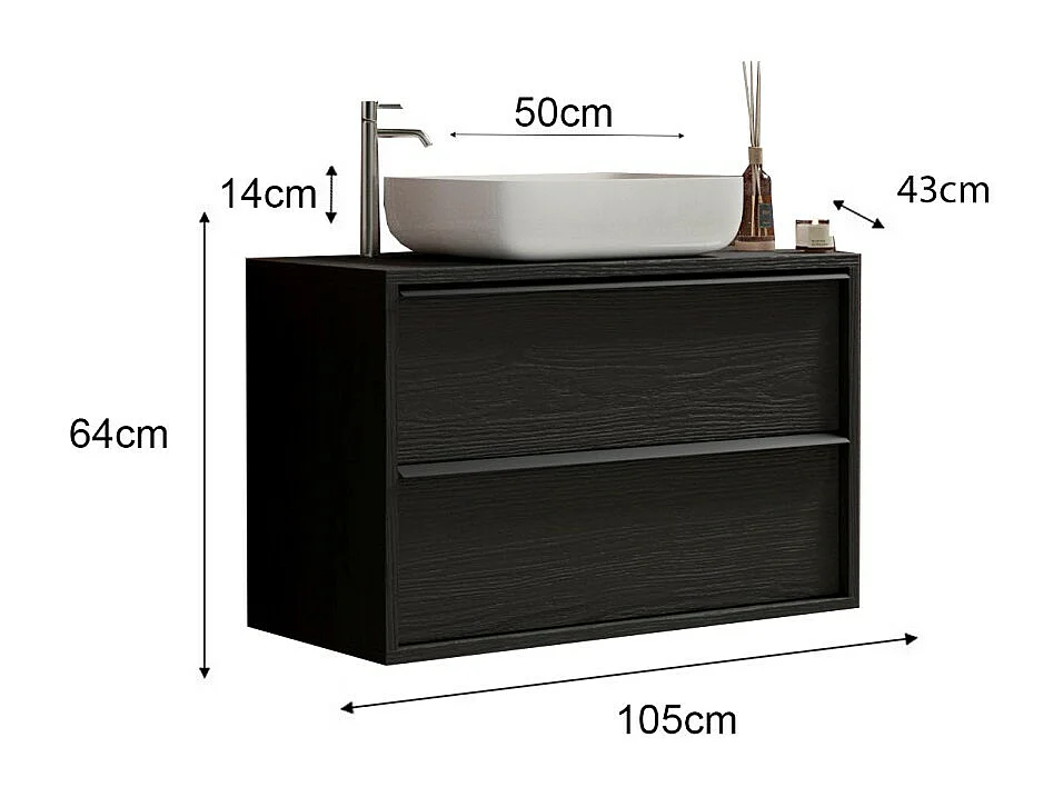 Mobile bagno sospeso FRASSI - Lavabo integrato - 2 cassetti - Nero cenere - Design moderno