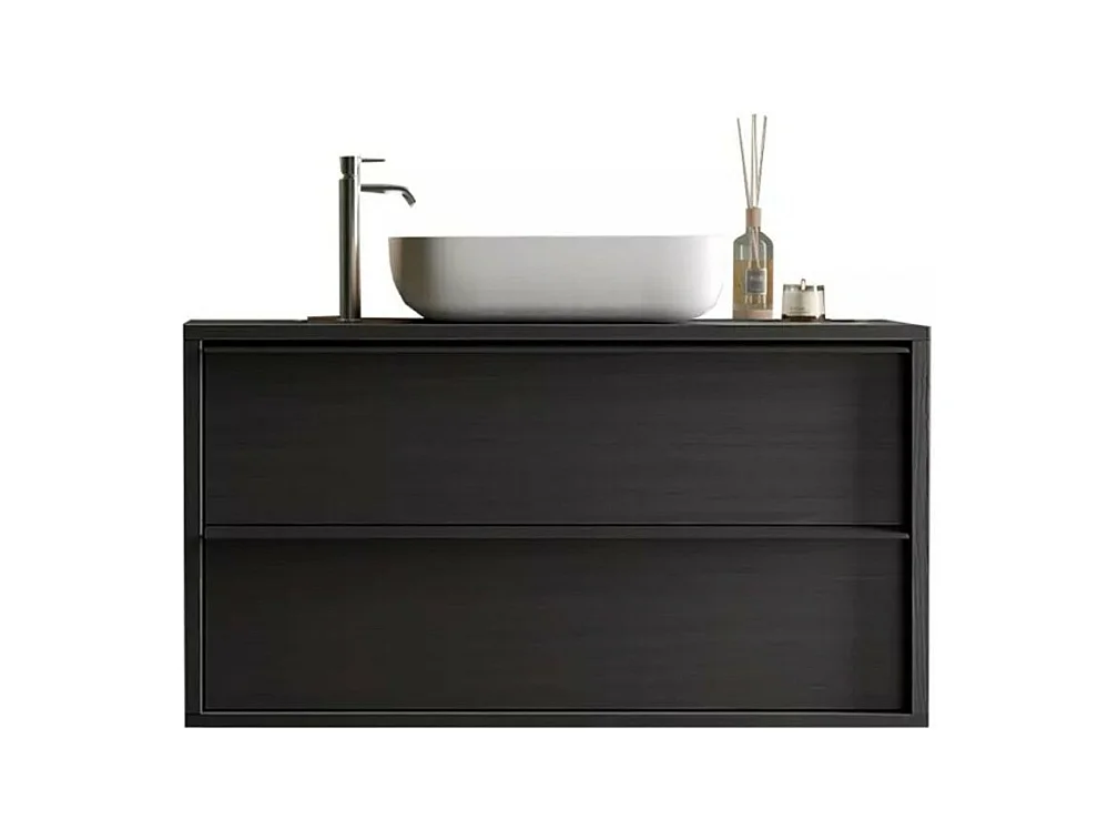 Zwevend badkamermeubel FRASSI - Geïntegreerde wastafel - 2 lades - Aszwart - Modern ontwerp