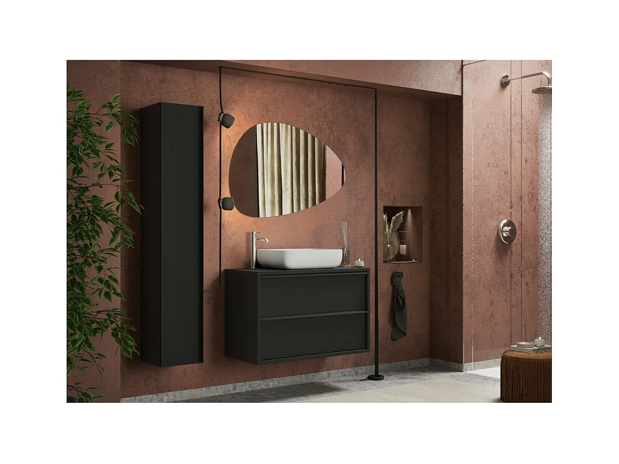 Mueble para baño suspendido FRASSI – Lavabo integrado – 2 cajones – Negro ceniza – Diseño moderno
