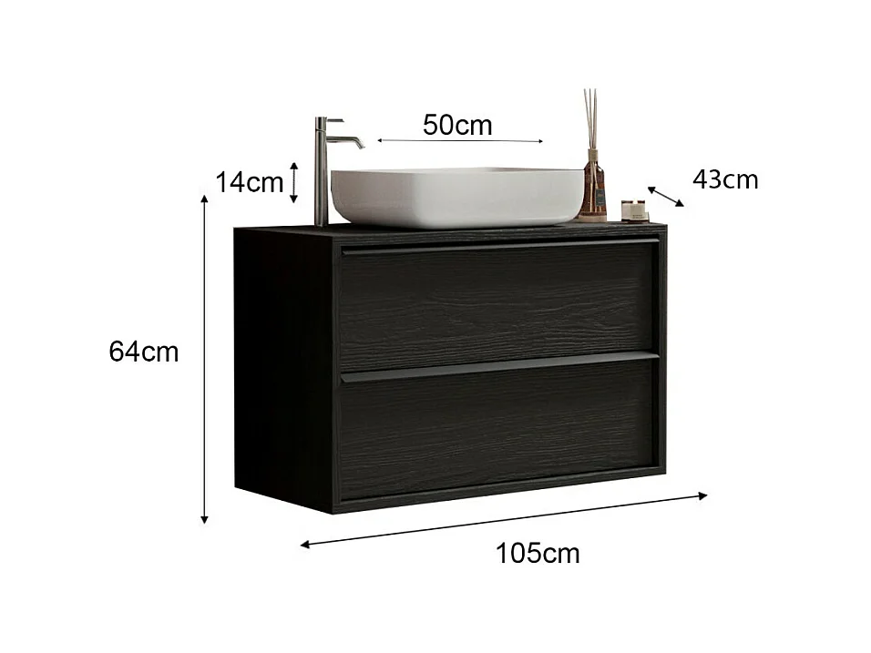Mueble para baño suspendido FRASSI – Lavabo integrado – 2 cajones – Negro ceniza – Diseño moderno