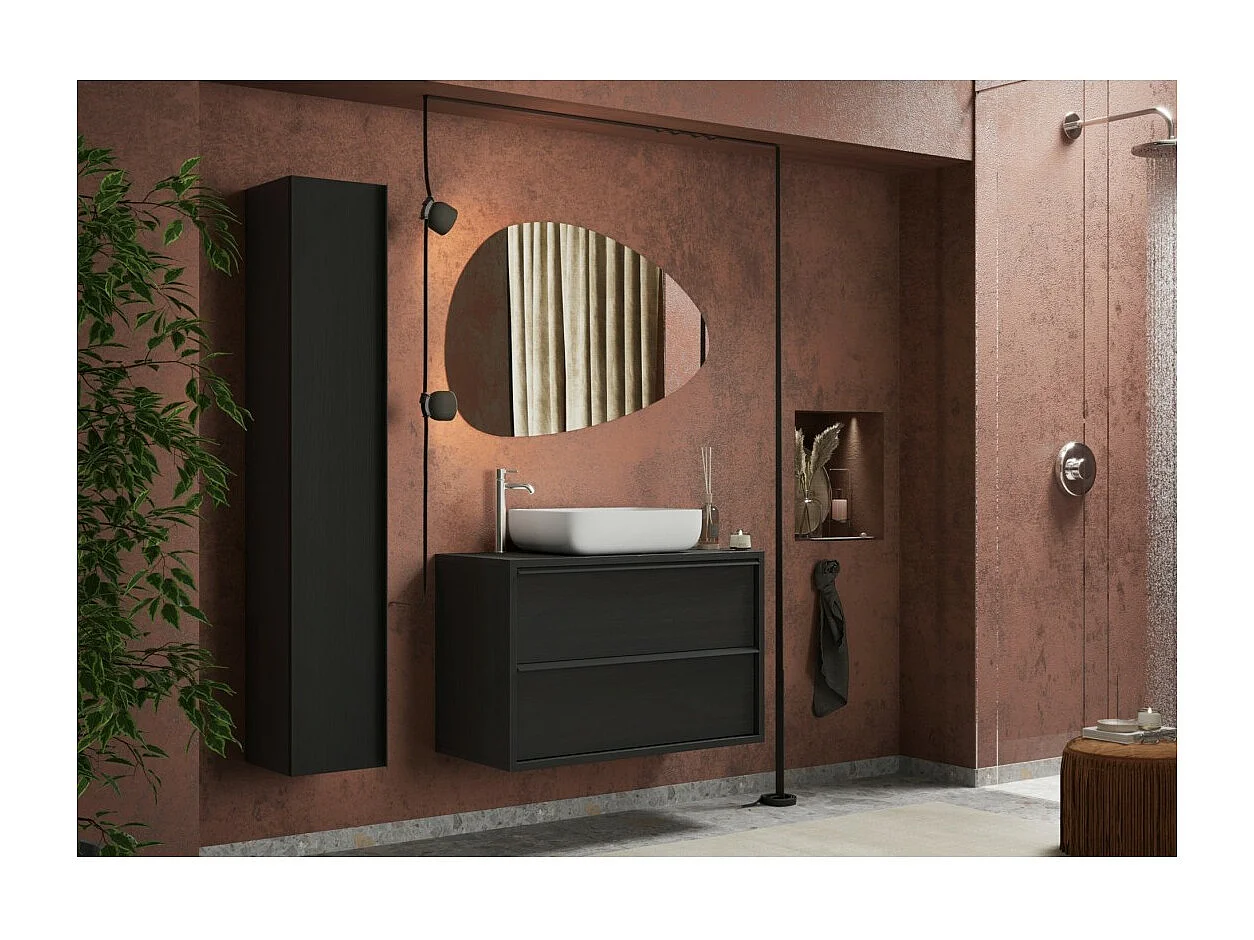 Meuble salle de bain suspendu FRASSI – Évier intégré – 2 tiroirs – Noir cendré – Design moderne