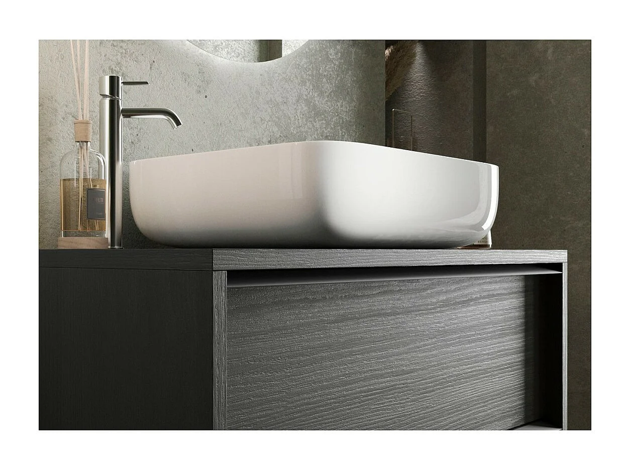 Meuble salle de bain suspendu FRASSI – Évier intégré – 2 tiroirs – Noir cendré – Design moderne