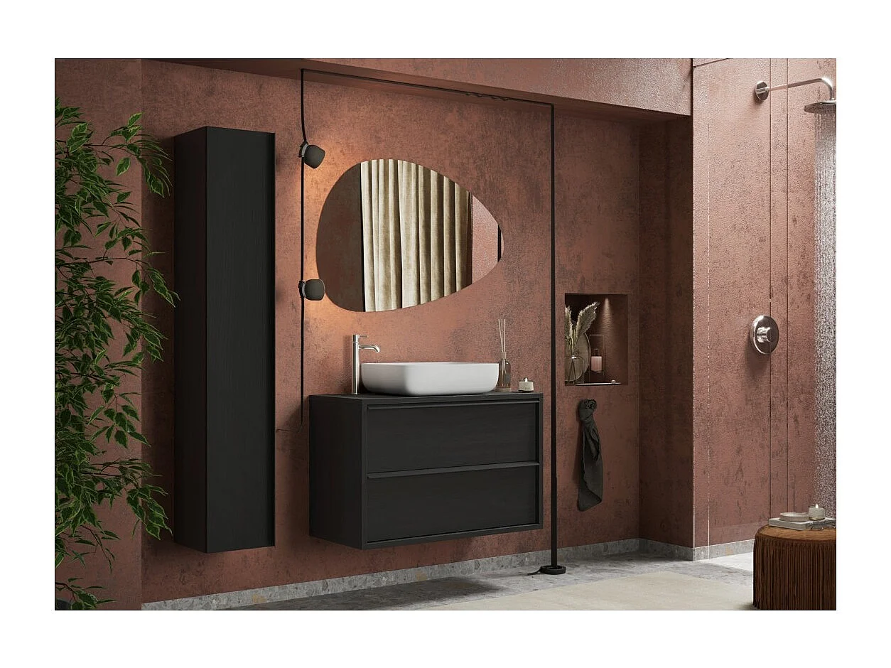 Hängendes Badezimmermöbel FRASSI – Integriertes Waschbecken – 2 Schubladen – Ascheschwarz – Modernes Design