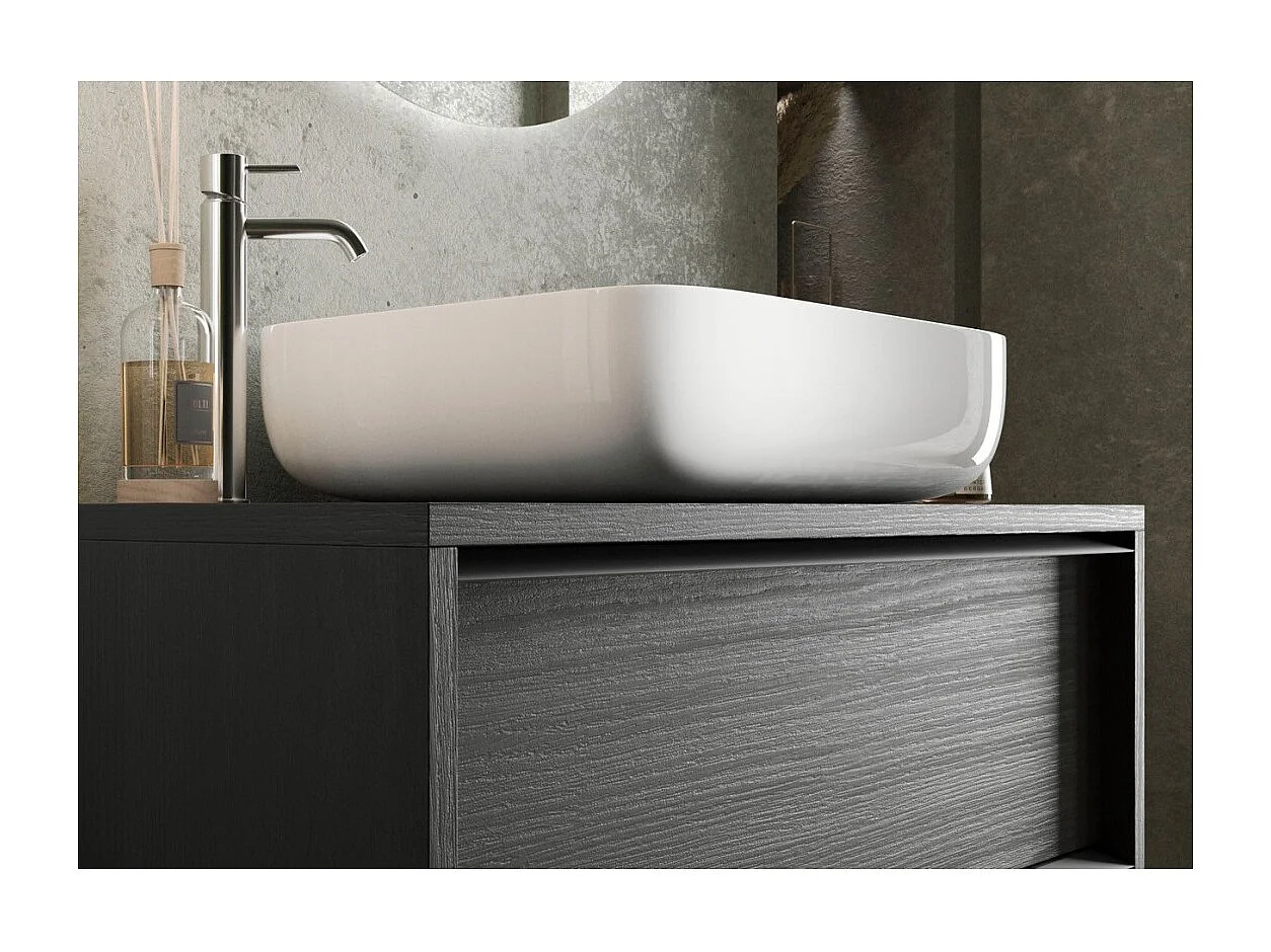 Hängendes Badezimmermöbel FRASSI – Integriertes Waschbecken – 2 Schubladen – Ascheschwarz – Modernes Design