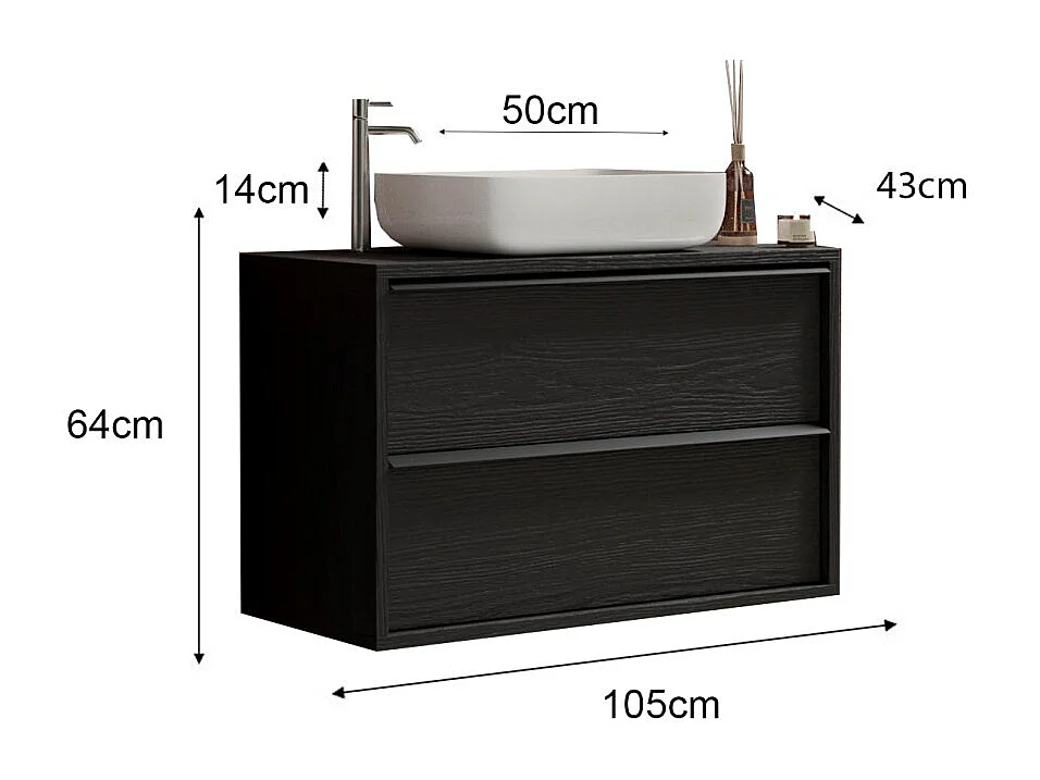 Hängendes Badezimmermöbel FRASSI – Integriertes Waschbecken – 2 Schubladen – Ascheschwarz – Modernes Design