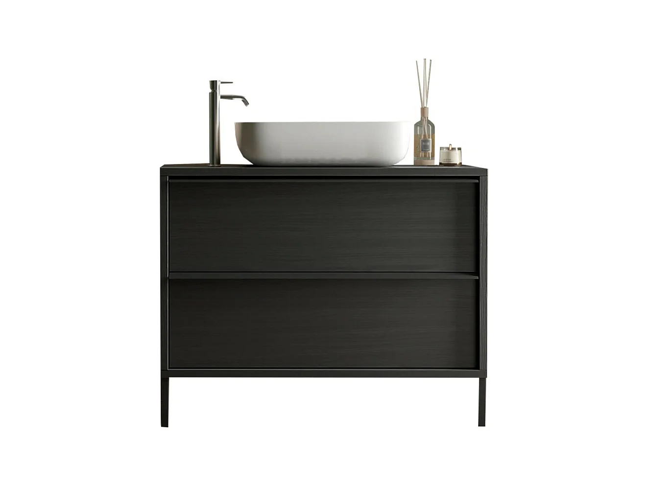 Meuble de salle de bain avec évier et 2 tiroirs, collection FRASSI. Coloris noir cendré
