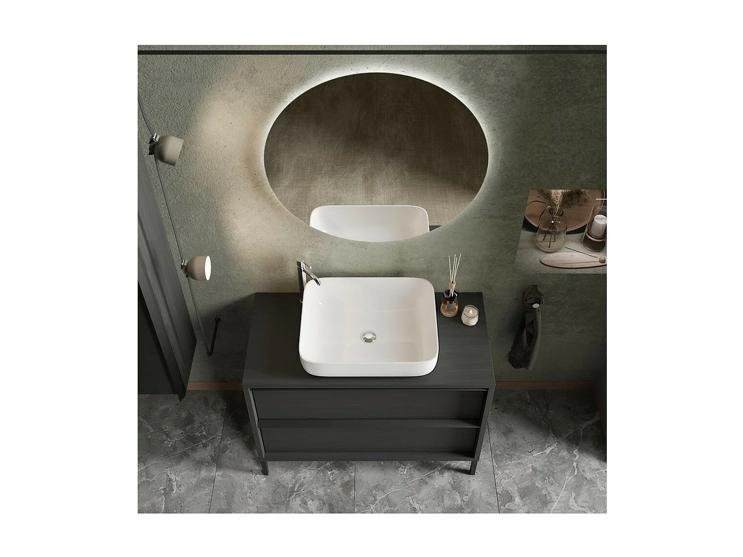 Badezimmermöbel mit Waschbecken und 2 Schubladen, Kollektion FRASSI. Farbe Ascheschwarz.