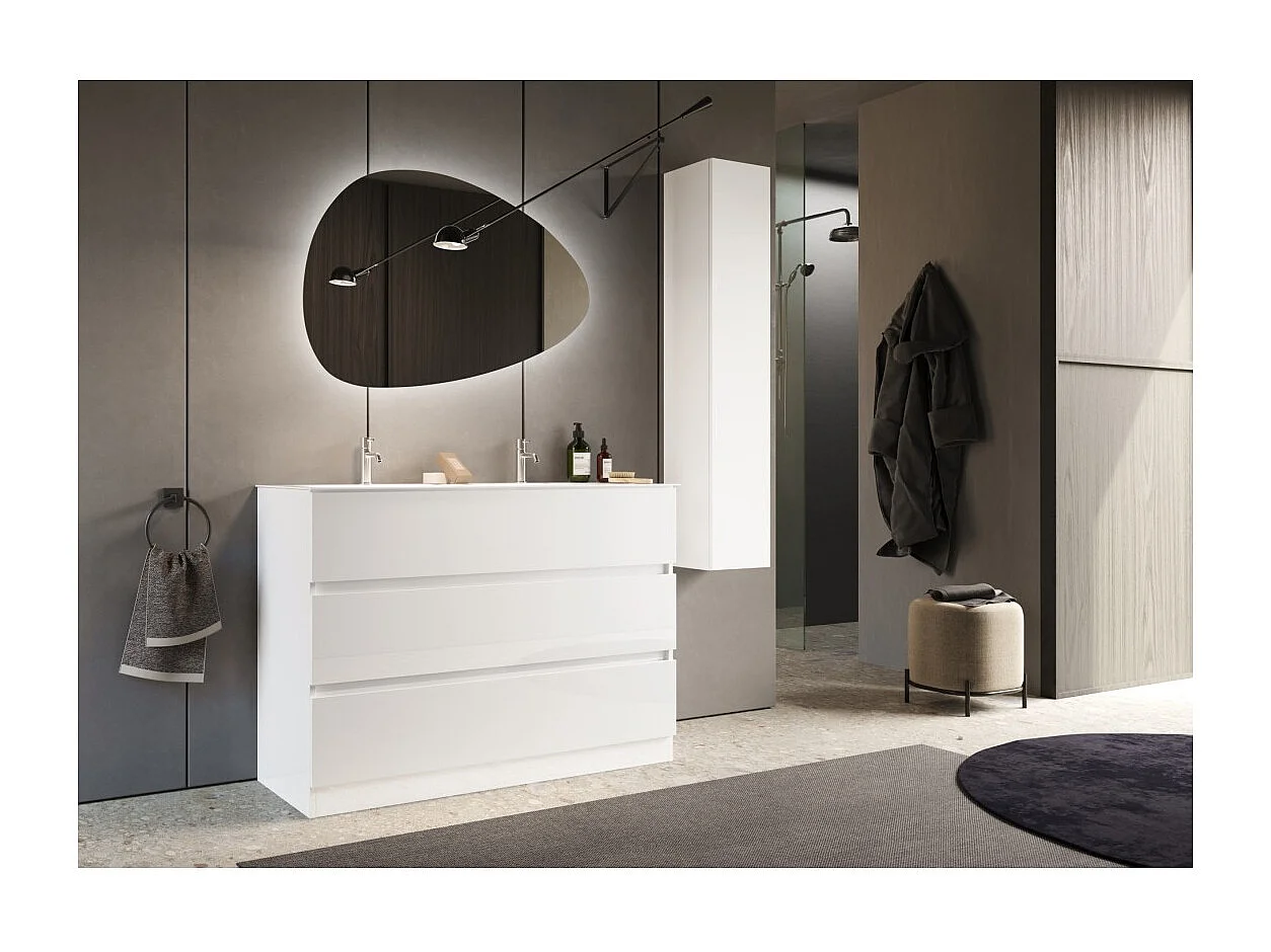 Meuble de salle de bain avec deux vasques et 3 tiroirs, collection VIENNE. Coloris blanc brillant