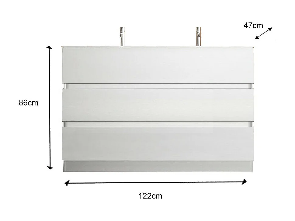 Meuble de salle de bain avec deux vasques et 3 tiroirs, collection VIENNE. Coloris blanc brillant