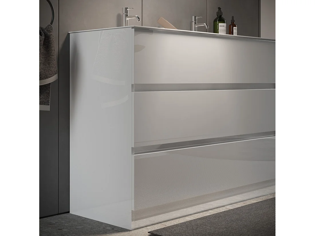 Meuble de salle de bain avec deux vasques et 3 tiroirs, collection VIENNE. Coloris blanc brillant