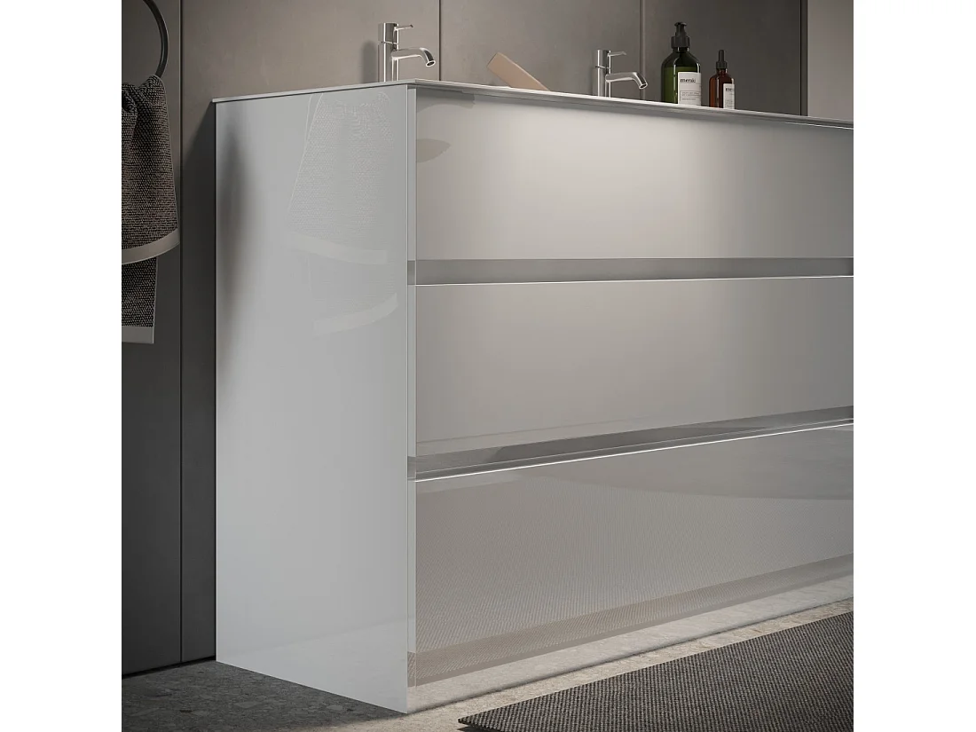 Badkamermeubel met twee wastafels en 3 laden, collectie WENEN. Kleur glanzend wit.