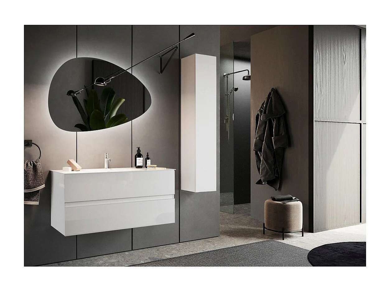 Meuble de salle de bain suspendu avec 1 vasque et 2 tiroirs, collection VIENNE. Coloris blanc brillant