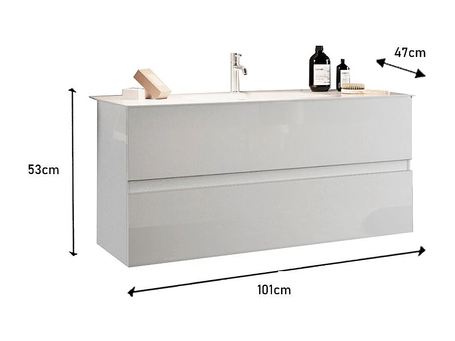 Meuble de salle de bain suspendu avec 1 vasque et 2 tiroirs, collection VIENNE. Coloris blanc brillant