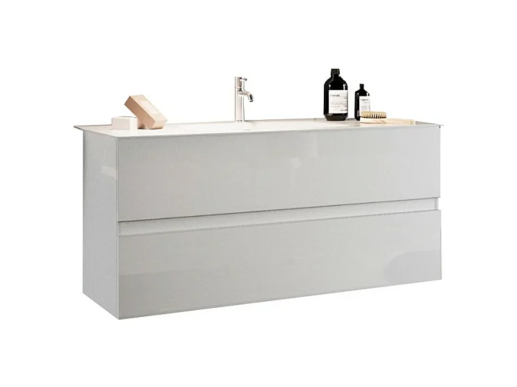 Meuble de salle de bain suspendu avec 1 vasque et 2 tiroirs, collection VIENNE. Coloris blanc brillant