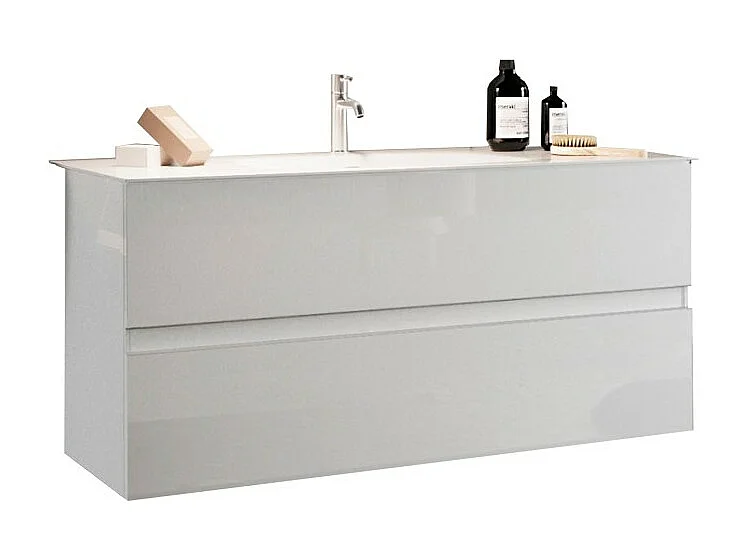 Meuble de salle de bain suspendu avec 1 vasque et 2 tiroirs, collection VIENNE. Coloris blanc brillant
