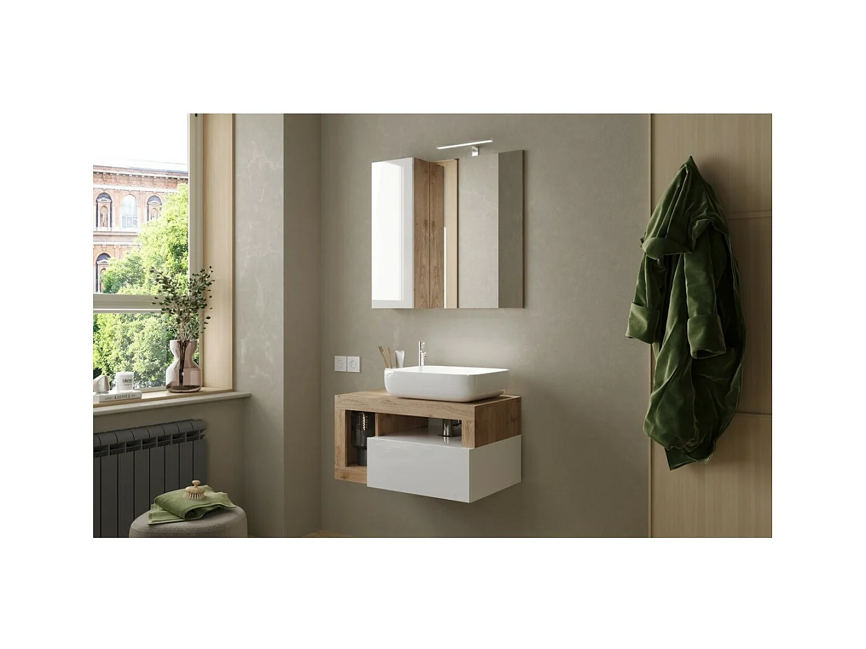 Mueble de baño suspendido con lavabo y cajón, longitud 79cm, colección BURA, en colores blanco brillante y roble claro.