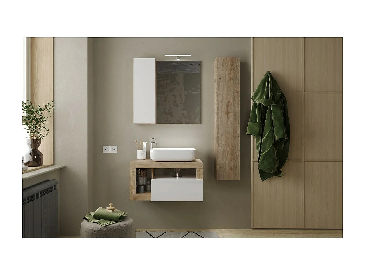 Meuble de salle de bain suspendu avec vasque et tiroir, longueur 79cm, collection BURA, coloris blanc brillant et chêne clair