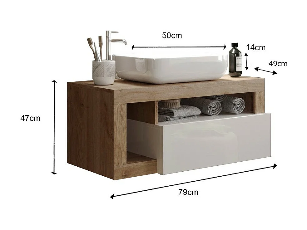 Meuble de salle de bain suspendu avec vasque et tiroir, longueur 79cm, collection BURA, coloris blanc brillant et chêne clair