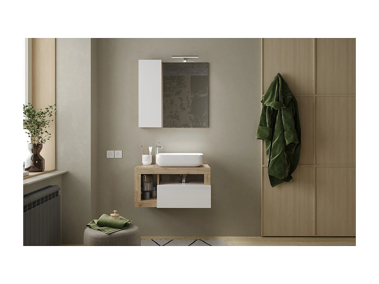 Meuble de salle de bain suspendu avec vasque et tiroir, longueur 79cm, collection BURA, coloris blanc brillant et chêne clair