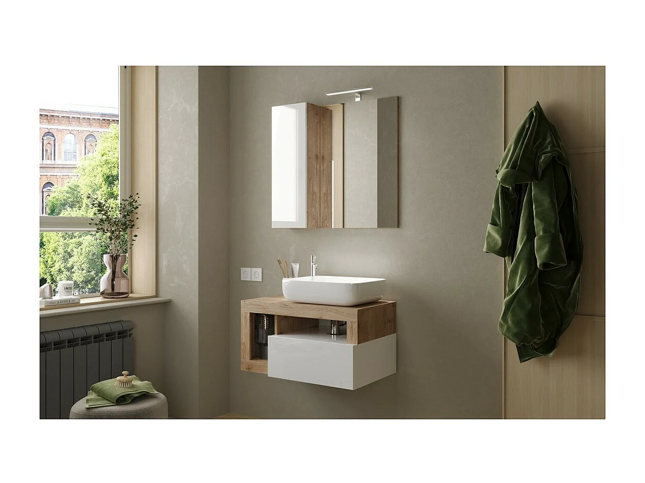 Meuble de salle de bain suspendu avec vasque et tiroir, longueur 79cm, collection BURA, coloris blanc brillant et chêne clair