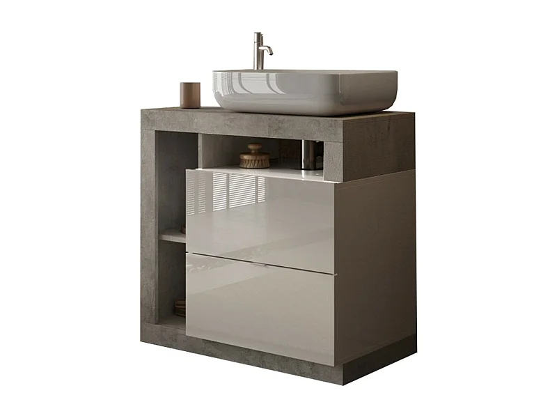 Mueble de baño BURA – 79 cm – Blanco brillante y concreto – Lavabo incluido – 2 cajones