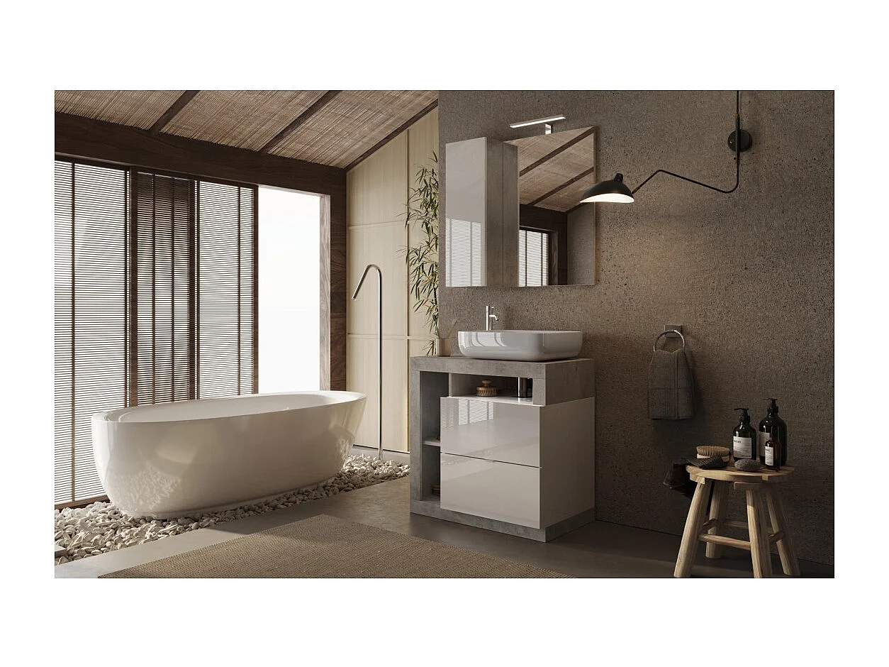 Meuble de salle de bain BURA – 79 cm – Blanc brillant et béton – Vasque incluse – 2 tiroirs