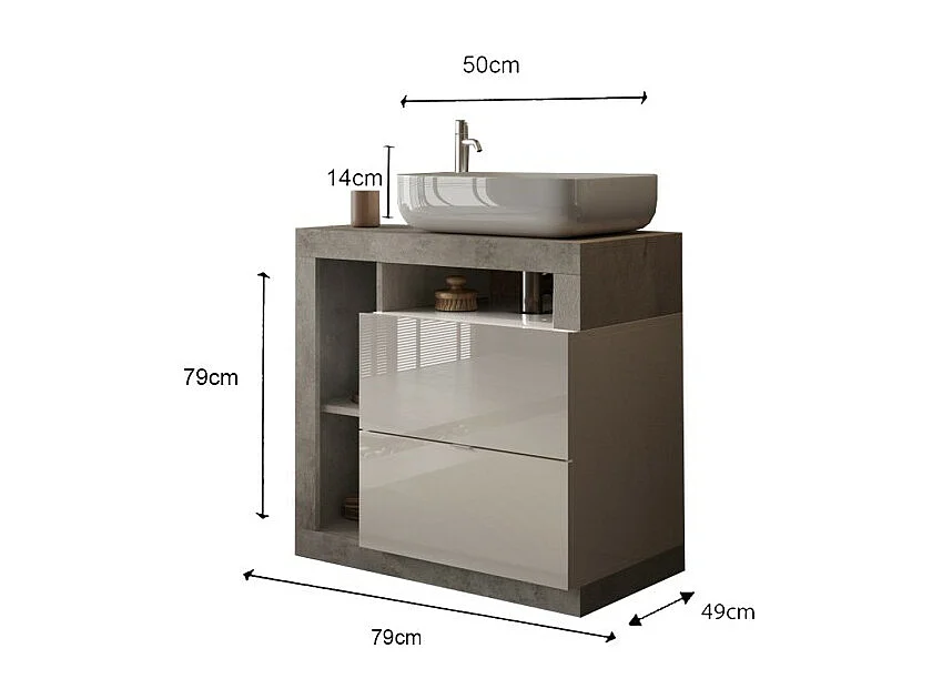 Meuble de salle de bain BURA – 79 cm – Blanc brillant et béton – Vasque incluse – 2 tiroirs
