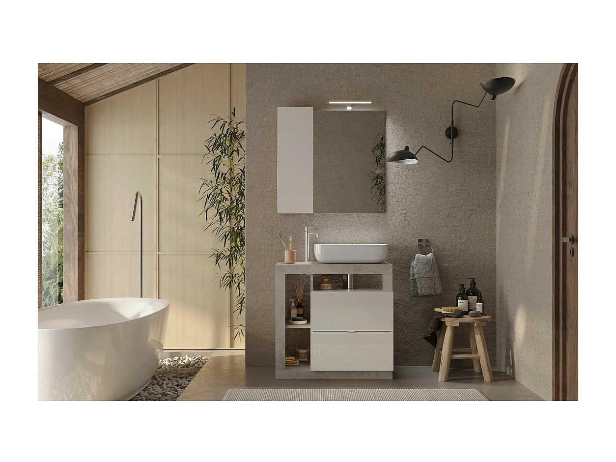 Meuble de salle de bain BURA – 79 cm – Blanc brillant et béton – Vasque incluse – 2 tiroirs