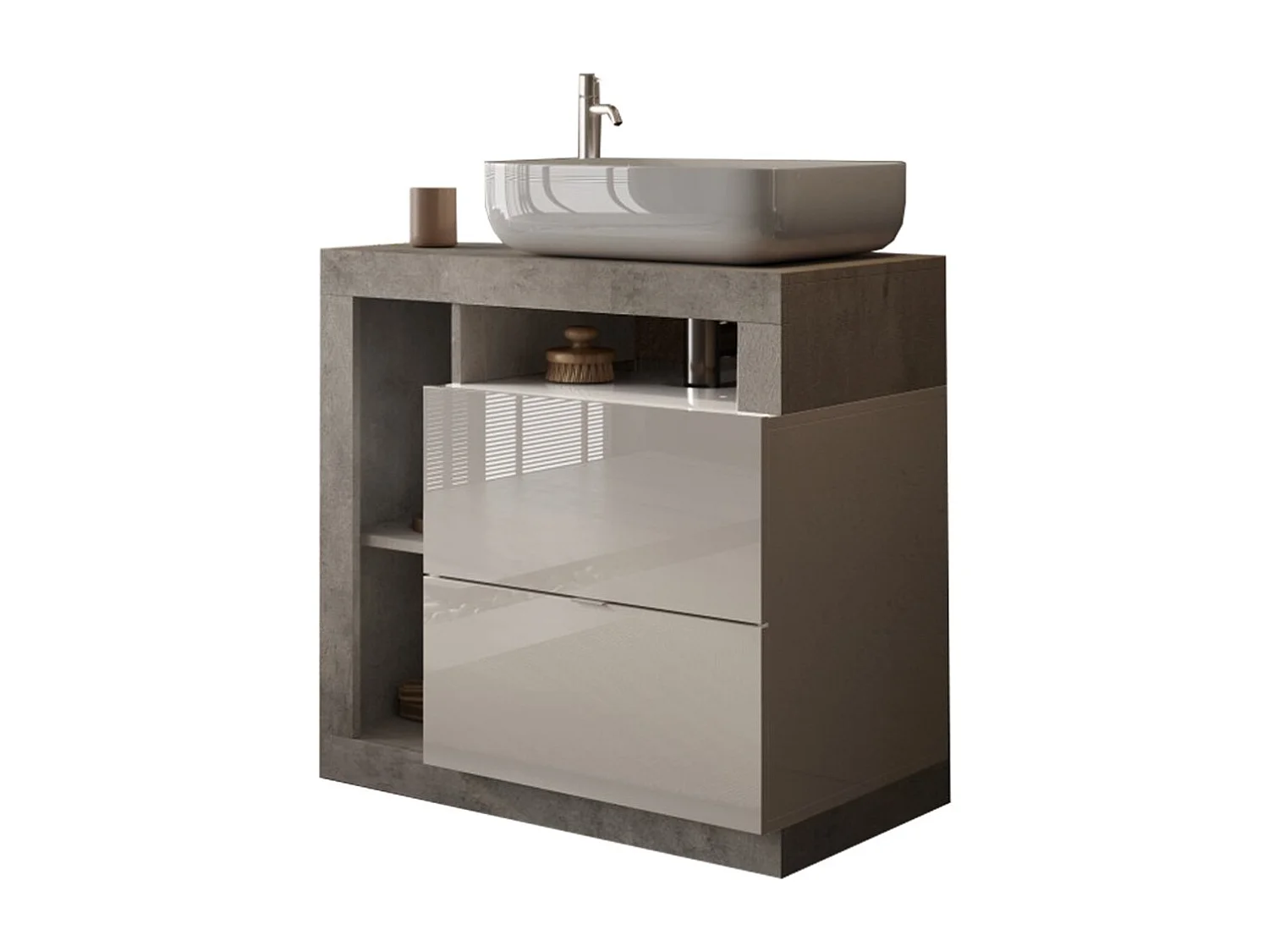 Badkamermeubel BURA – 79 cm – Hoogglans wit en beton – Wastafel inbegrepen – 2 laden