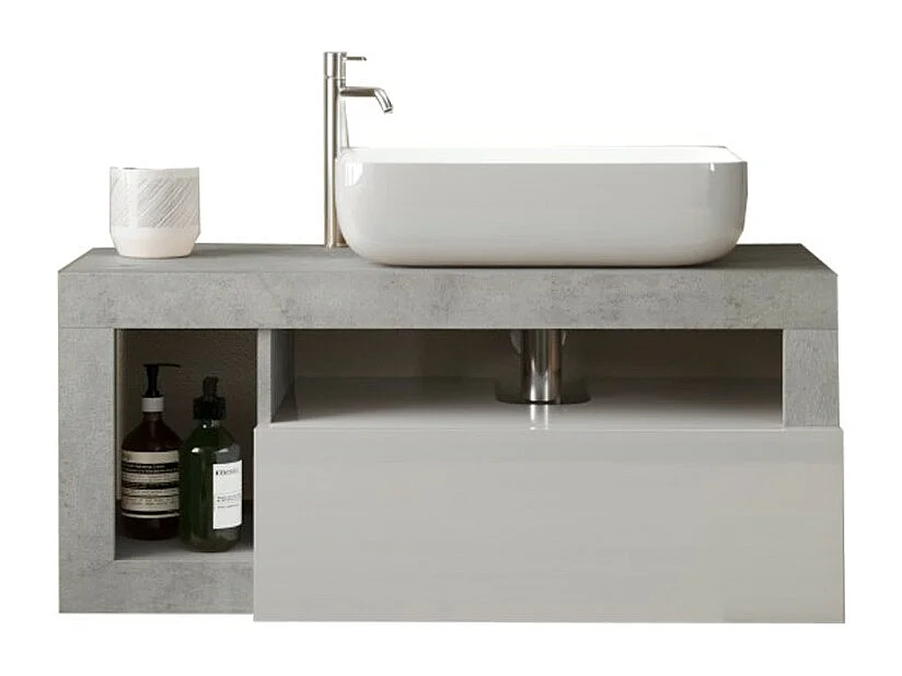 Zwevend badkamermeubel met een wastafel en 1 lade, lengte 92cm, collectie BURA. Kleuren glanzend wit en beton.