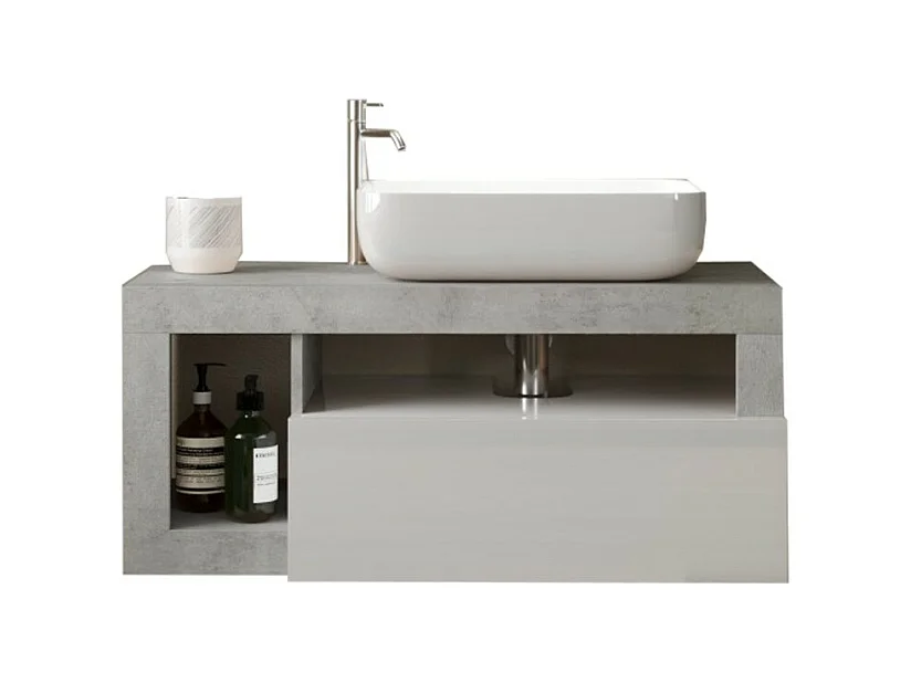 Meuble de salle de bain suspendu avec une vasque et 1 tiroir, longueur 92cm, collection BURA. Coloris blanc brillant et béton