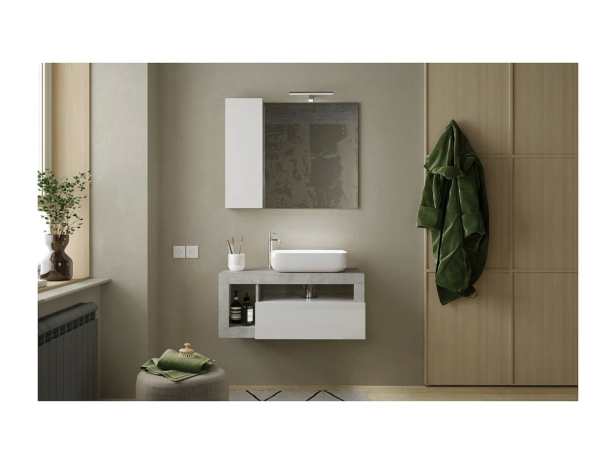 Meuble de salle de bain suspendu avec une vasque et 1 tiroir, longueur 92cm, collection BURA. Coloris blanc brillant et béton